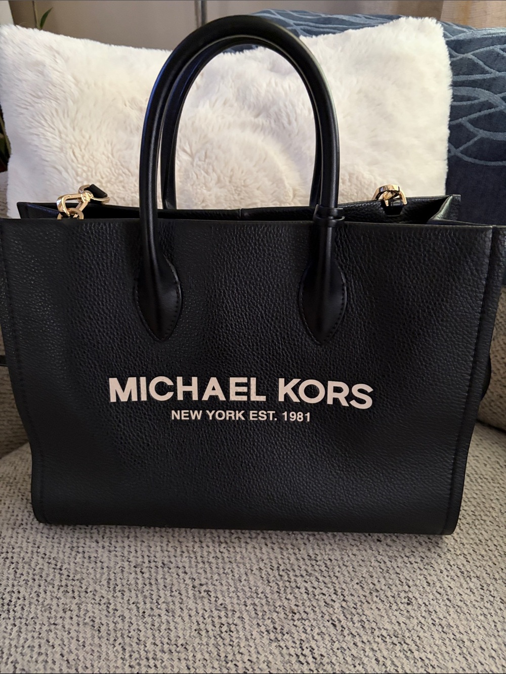 Michael Kors Black Pebbled Leather Logo Tote with Gold-Tone Hardware